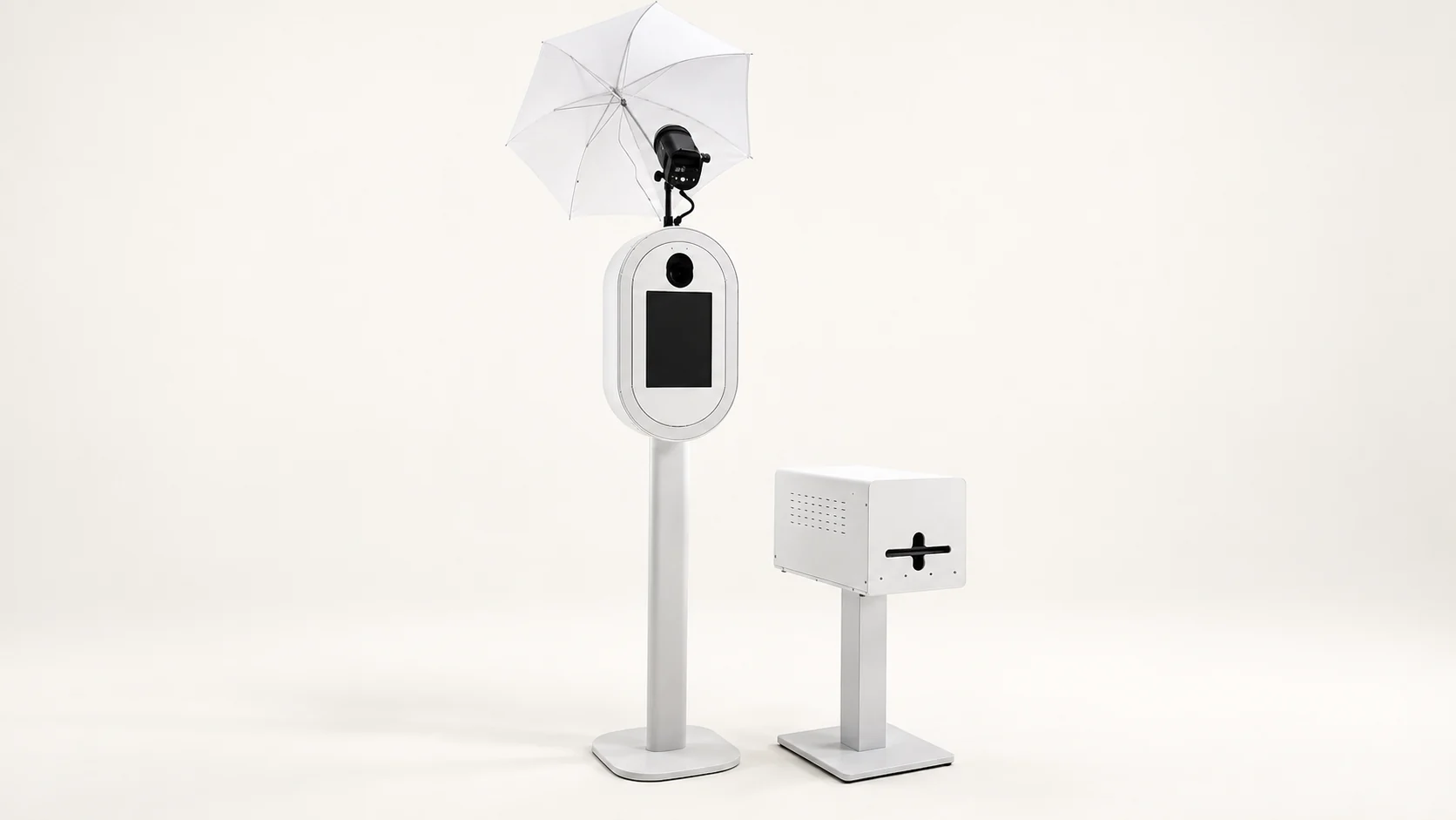 Photobooth Peaktur blanc avec objectif, écran tactile, flash à parapluie et boîtier d’imprimante séparé
