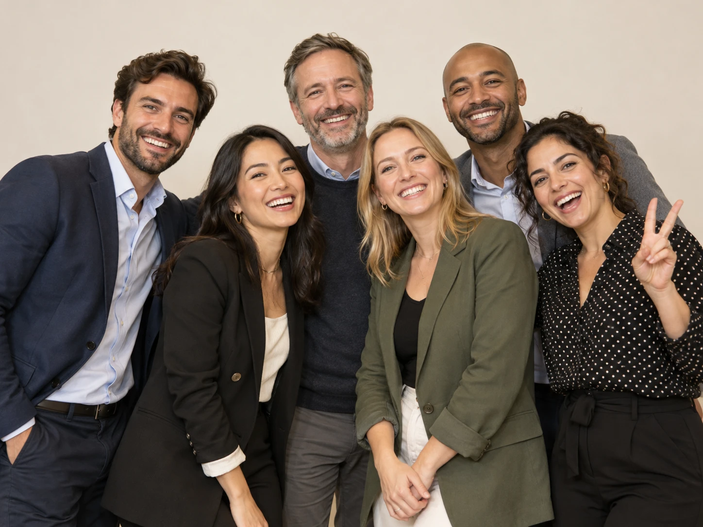 Illustration générée : six collègues souriants prennent la pose lors d’un séminaire d’entreprise